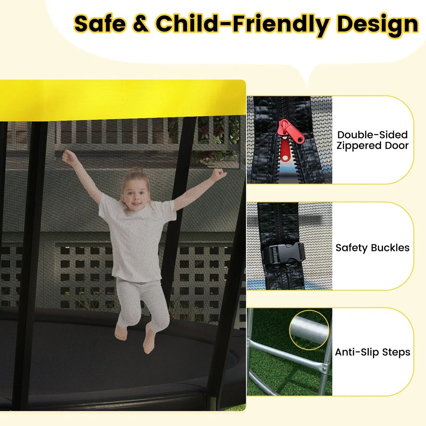 DirectDeals ASTM Recreational Trampoline with Non-Slip Ladder, yellow frame, kid on trampoline on Tampa Home & Garden Store