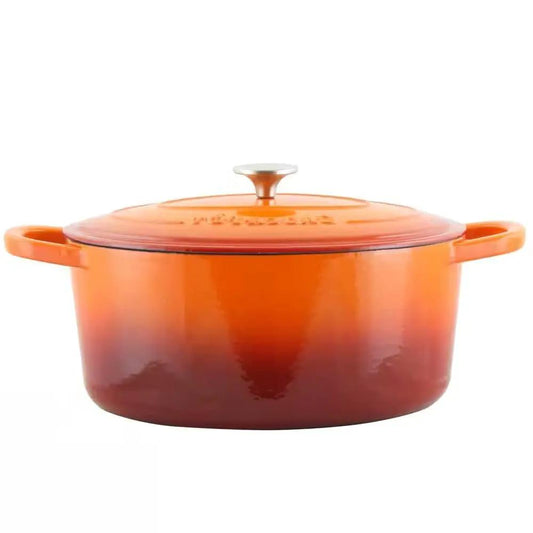 7-Quart enameled orange sunburst Dutch oven with glass lid and dual handles on Tampa Home & Garden Store