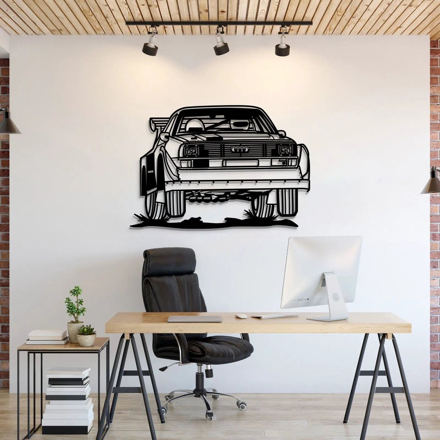 S1 Group B Perspective metal car wall art MT1140 in black line art, front view rally car on white wall on Tampa Home & Garden Store