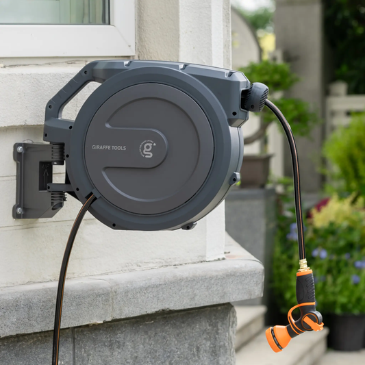Retractable Garden Hose Reel by Giraffe Tools, gray wall-mounted auto rewind on Tampa Home & Garden Store
