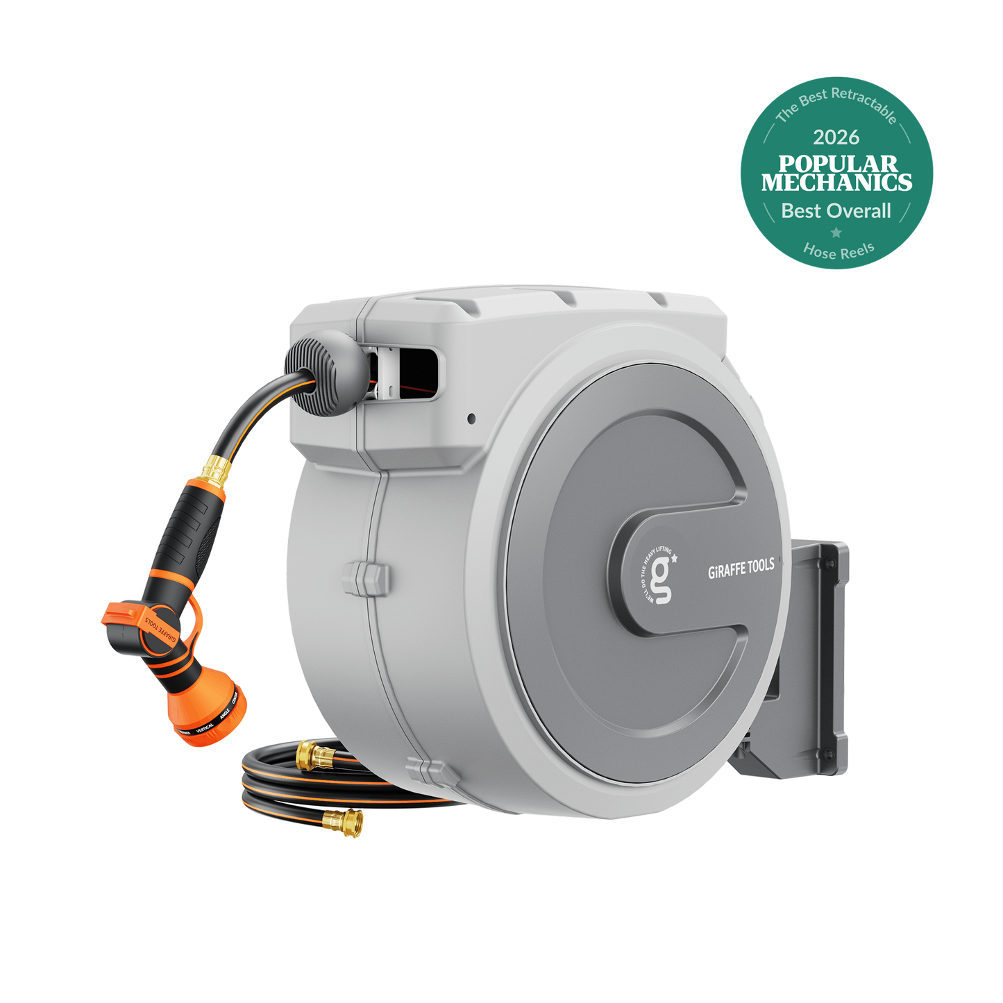 Retractable garden hose reel with auto rewind by Giraffe Tools, housing and orange hose on Tampa Home & Garden Store