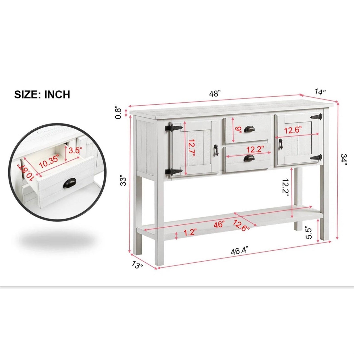 Mesa de sofá de madera maciza estilo rústico con cajones de almacenamiento y acabado blanco rústico