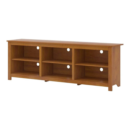 Farmhouse TV Stand amber brown wood finish with six cubbies and cable holes for 70-inch TVs on Tampa Home & Garden Store