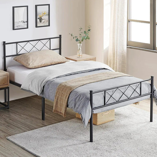Twin black powder-coated slatted metal platform bed with diamond lattice frame by HomePacific on Tampa Home & Garden Store