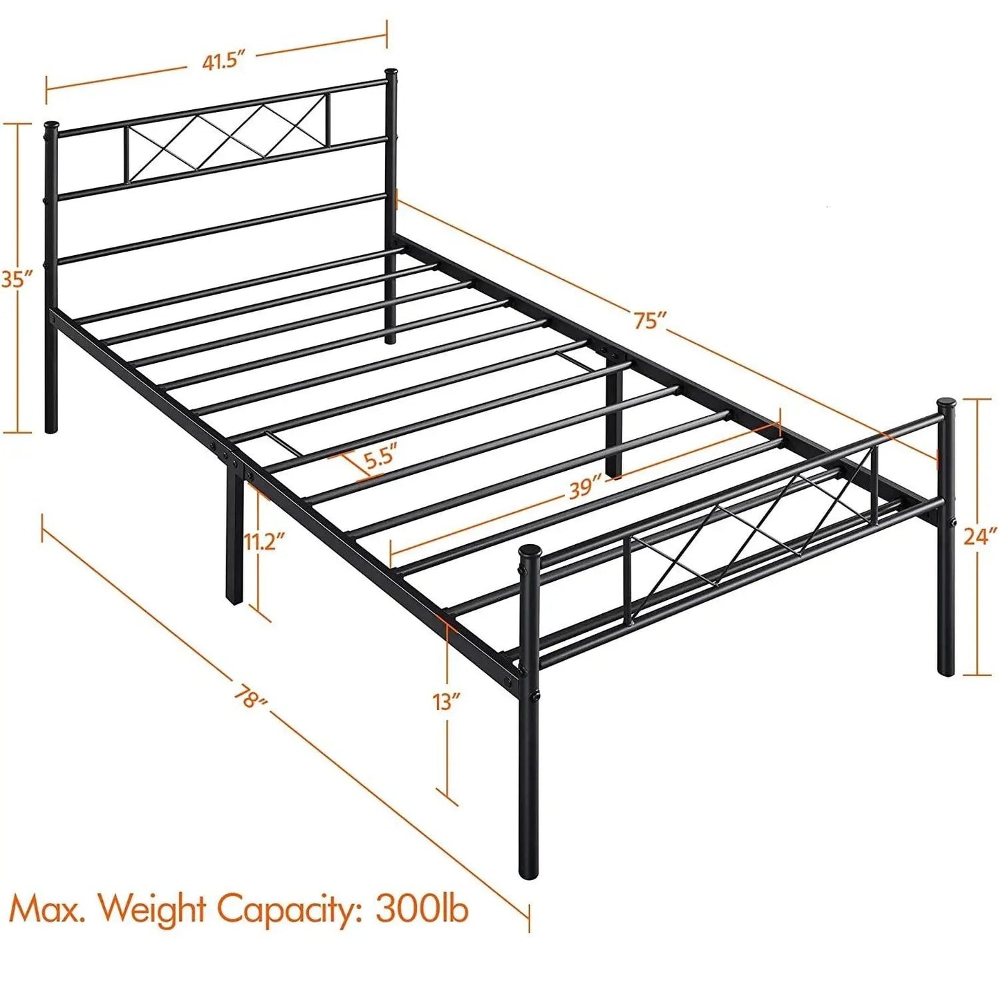 Twin Size Traditional Powder Coated Slatted Metal Platform Bed - Tampa Home & Garden Store