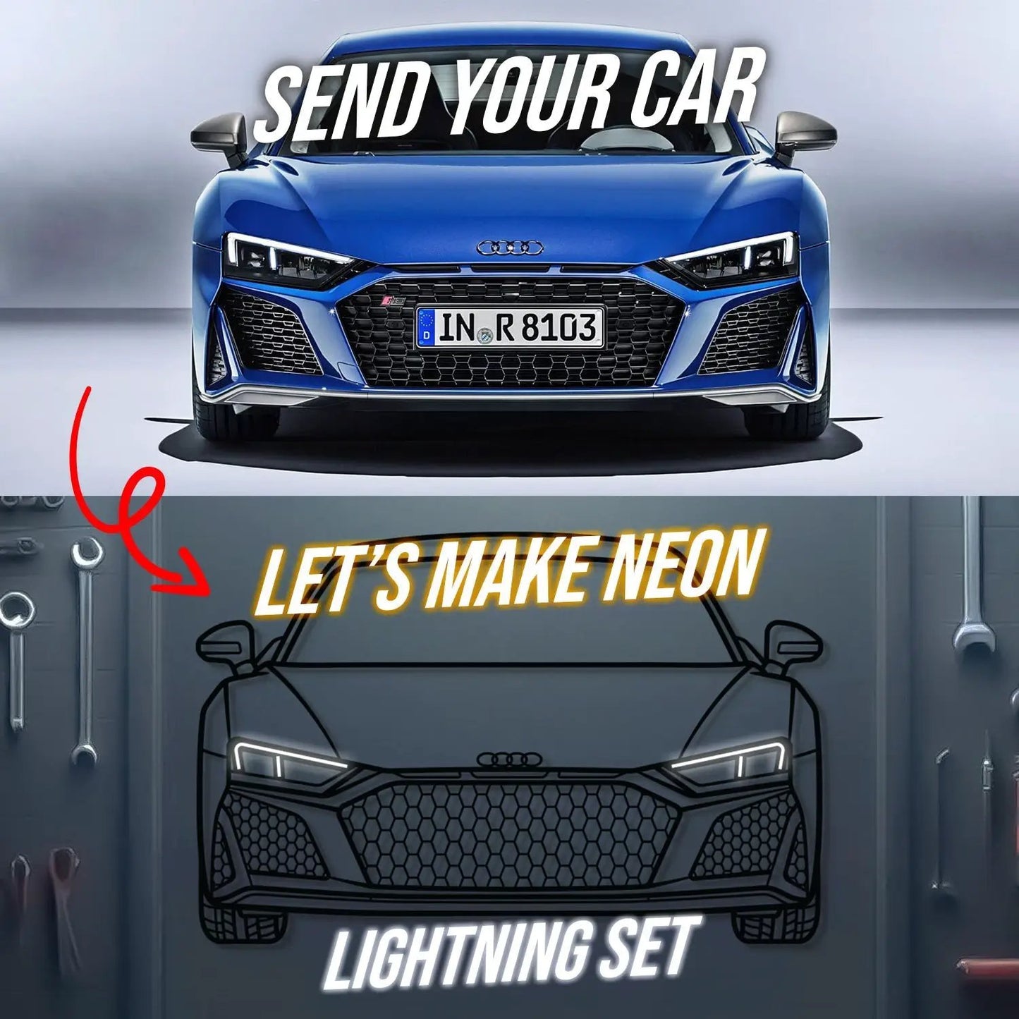 Your Personalized Metal Neon Car Wall Art by Modello Turbo blue Audi front with neon text on Tampa Home & Garden Store
