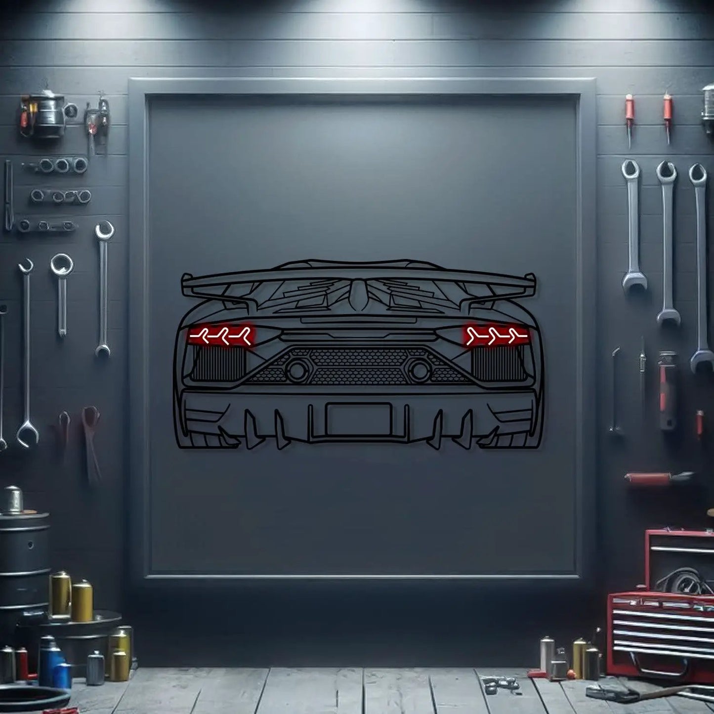 Aventador SJ Oper Door Back View Neon Wall Art by Modello Turbo with red taillights on Tampa Home & Garden Store