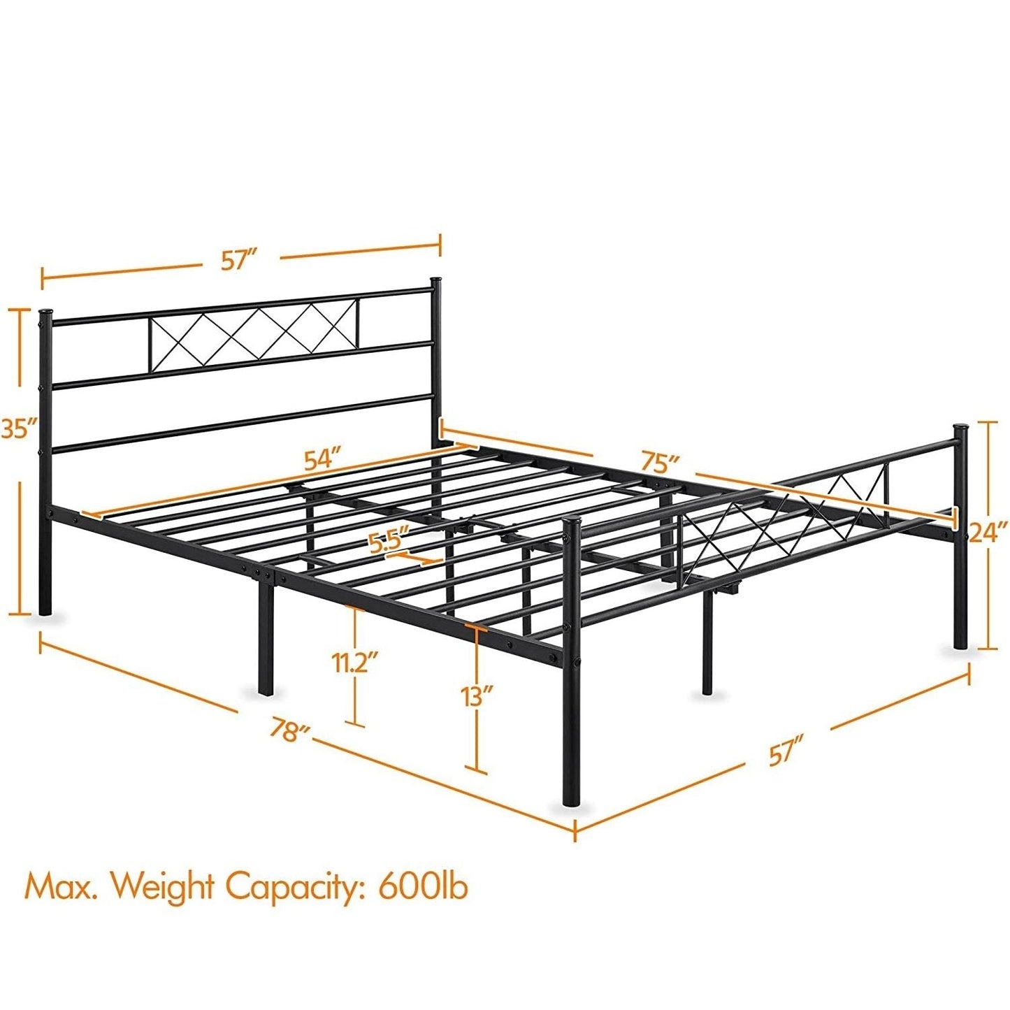Cama de plataforma de metal tradicional con recubrimiento de polvo y listones, tamaño matrimonial