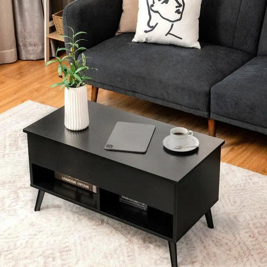 Mid-Century Lift-Top Coffee Table Laptop Desk by HomePacific in black wood with open cubbies on Tampa Home & Garden Store