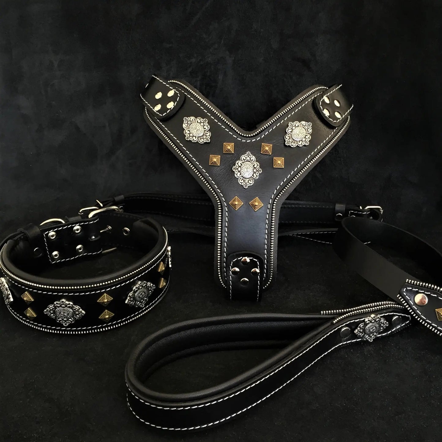 Aztec harness and leash set for large dogs by Bestia Dog Gear, black leather with stitching on Tampa Home & Garden Store