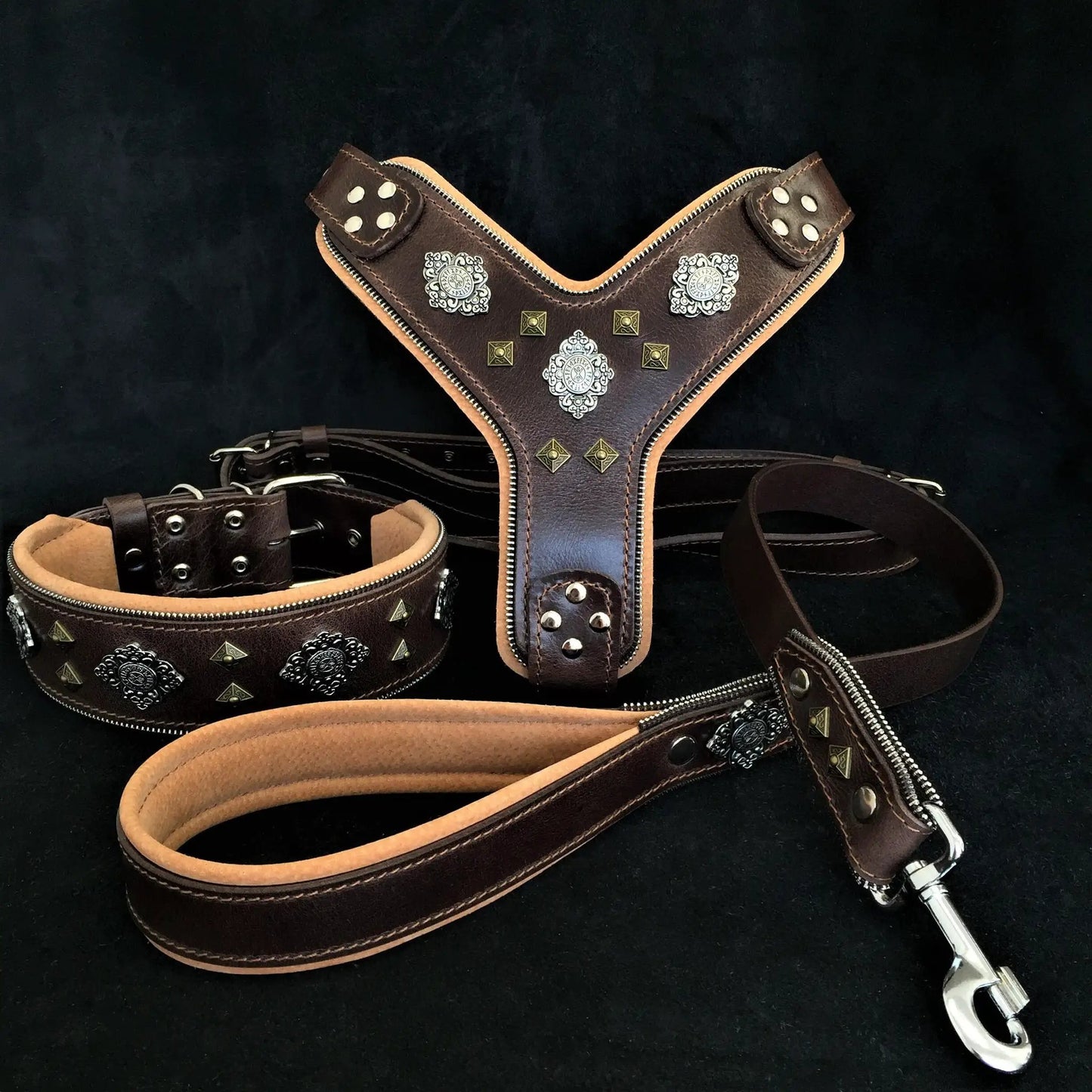 Aztec big dog 3-piece harness collar leash set brown leather with conchos and studs Bestia Dog Gear on Tampa Home & Garden Store