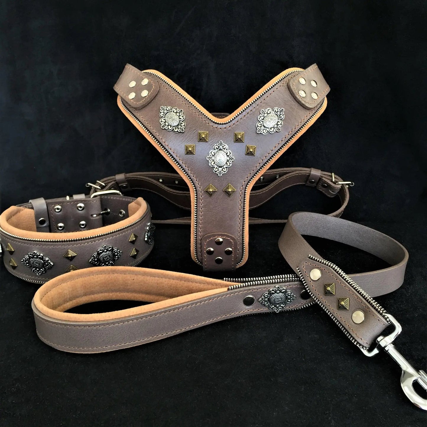 Bestia Dog Gear Aztec big dog harness collar and lead set in brown leather with silver conchos on Tampa Home & Garden Store