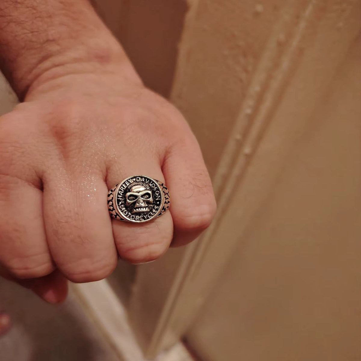 Rebel Skull Ring in silver-tone metal with skull centerpiece and engraved edge on Tampa Home & Garden Store