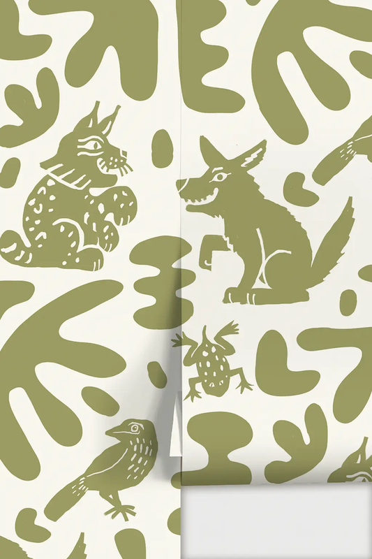 Abstract Animal wallpaper in green silhouettes on cream by Samantha Santana Creative on Tampa Home & Garden Store