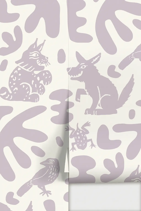 Abstract Animal Wallpaper in Lavender with lavender animal silhouettes on cream background on Tampa Home & Garden Store