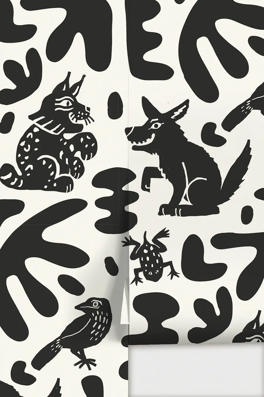 Wallpaper: Abstract Animal pattern in black and white with dog, bird and frog silhouettes on Tampa Home & Garden Store