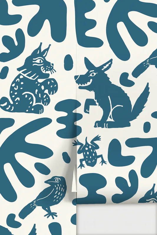 Abstract Animal Wallpaper by Samantha Santana Creative, blue on white with animal silhouettes on Tampa Home & Garden Store