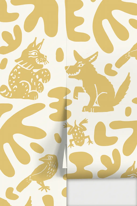 Wallpaper Abstract Animales in yellow with 4 animals on cream bg Samantha Santana Creative on Tampa Home & Garden Store