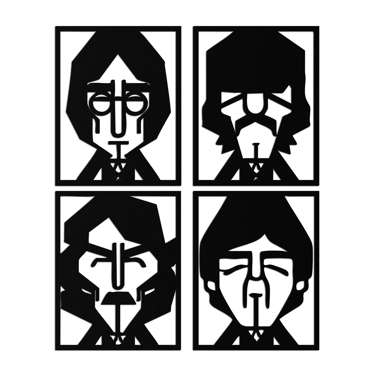 Abstract Geometric Faces Metal Wall Art set of four Enova Art, black shapes on white panels on Tampa Home & Garden Store