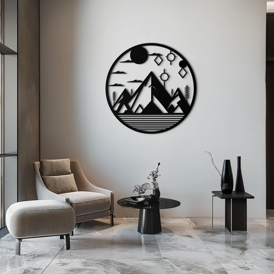 Abstract Mountain Metal Wall Art round black metal wall decor with mountains and trees Enova Art on Tampa Home & Garden Store