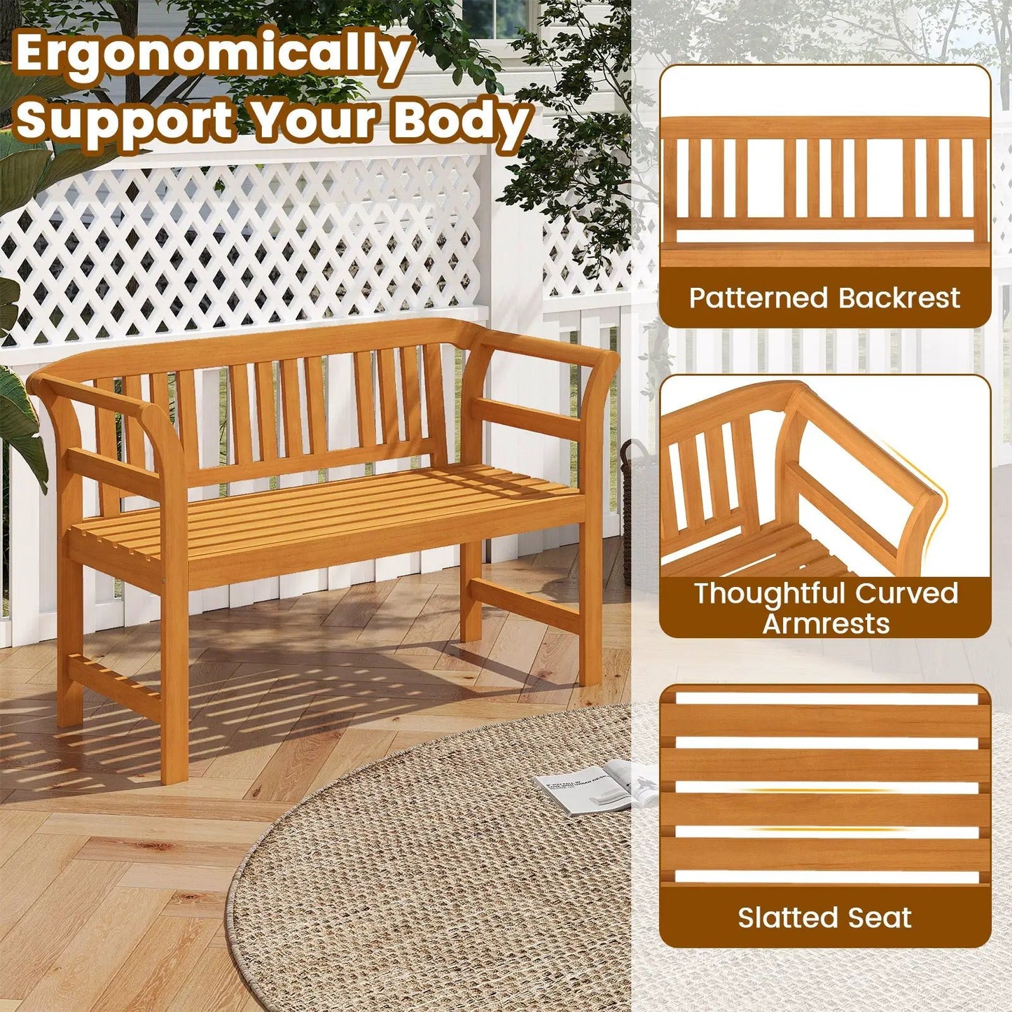 Acacia wood 2-person patio loveseat with backrest and curved slat arms, natural finish on Tampa Home & Garden Store