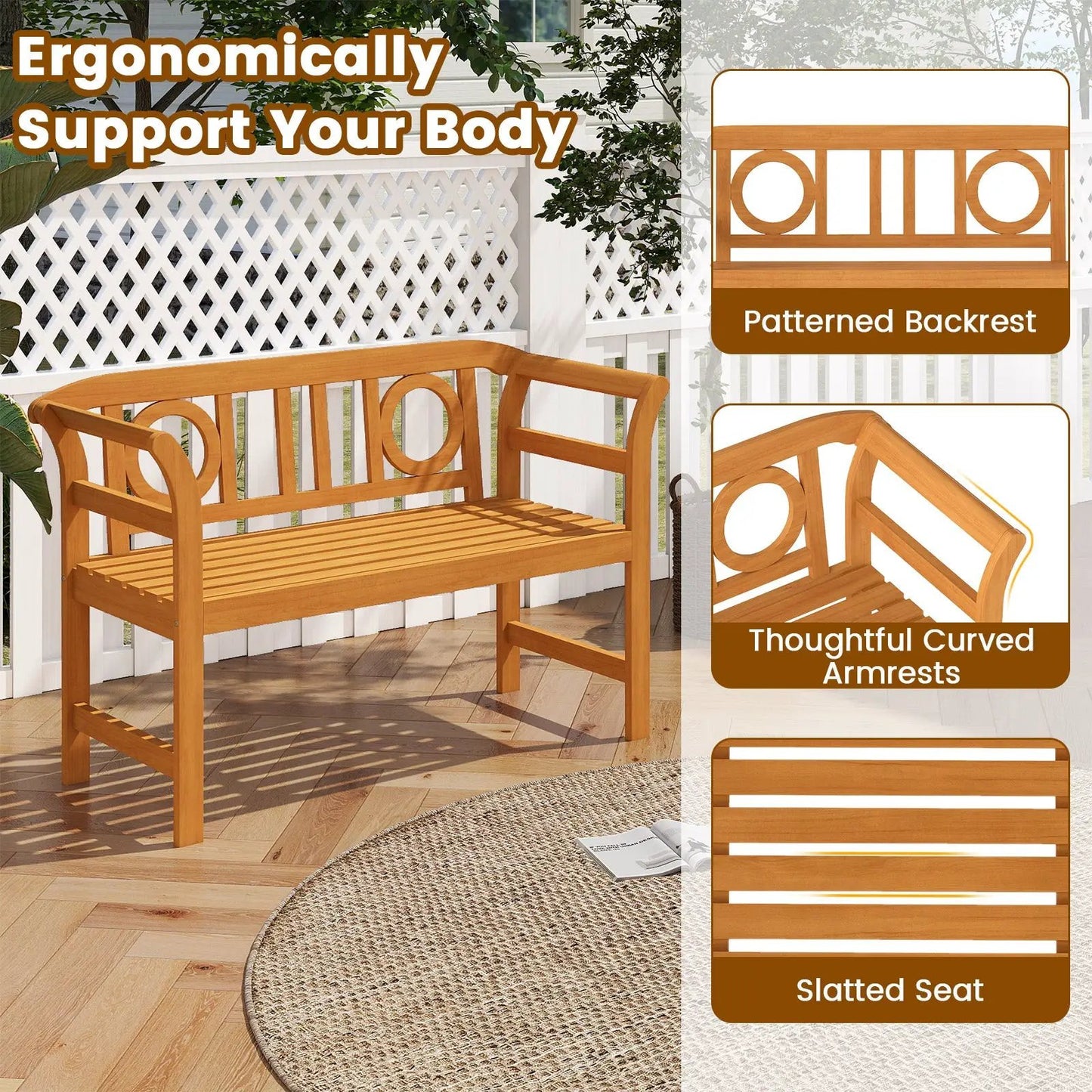 Acacia wood two-person patio loveseat with backrest and curved armrests, slatted seat on Tampa Home & Garden Store