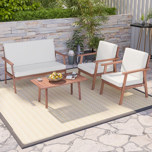 4 Piece Outdoor Acacia Wood Conversation Set with Soft Seat and Back Cushions-White - Tampa Home & Garden Store