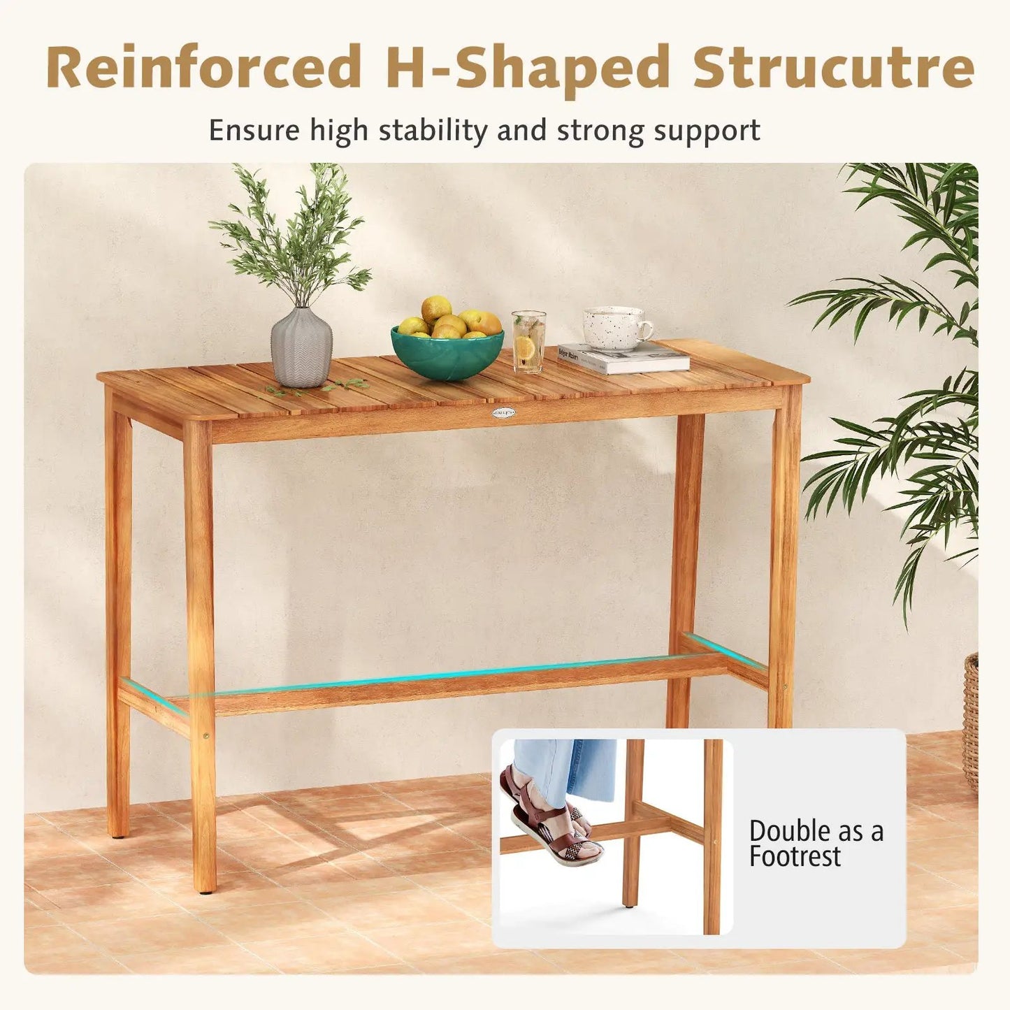 Acacia Wood Counter Height Table with Slatted Top natural finish footrest on Tampa Home & Garden Store