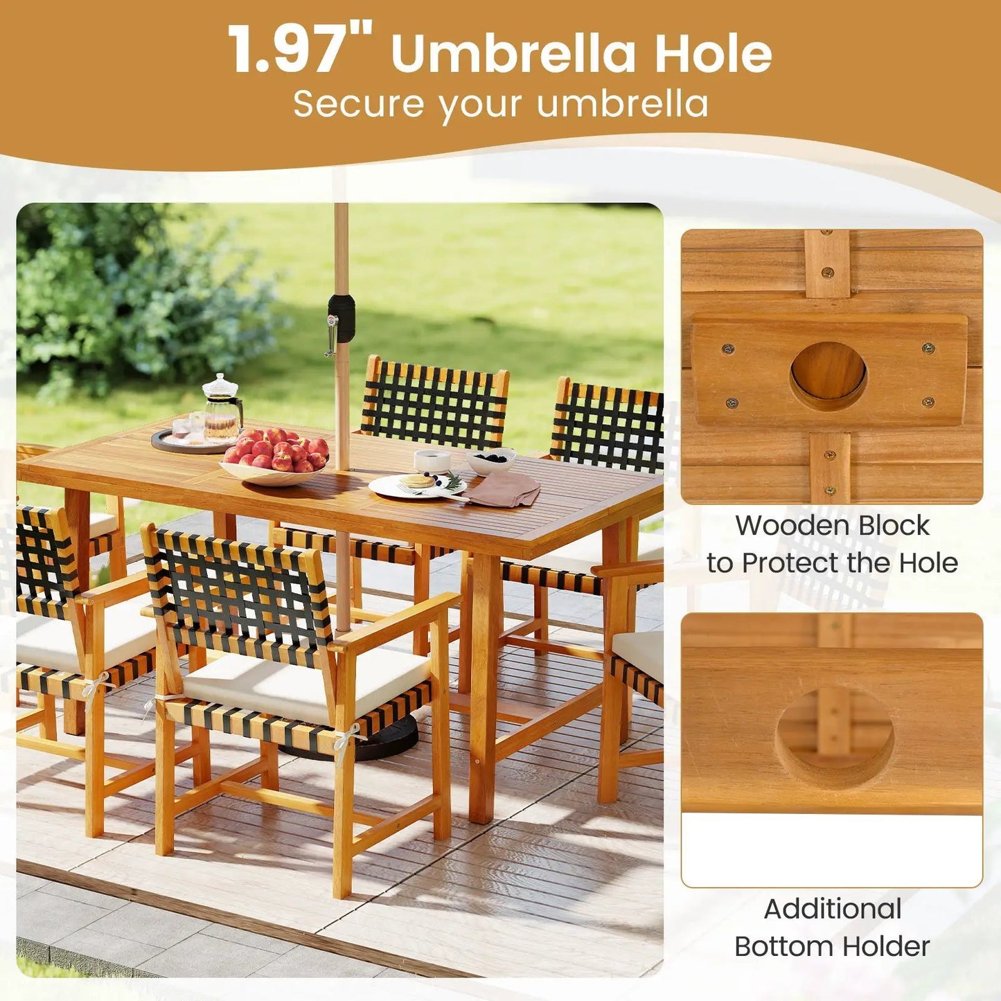 Acacia wood dining table for 6 indoor outdoor with umbrella hole and sturdy build DirectDeals on Tampa Home & Garden Store