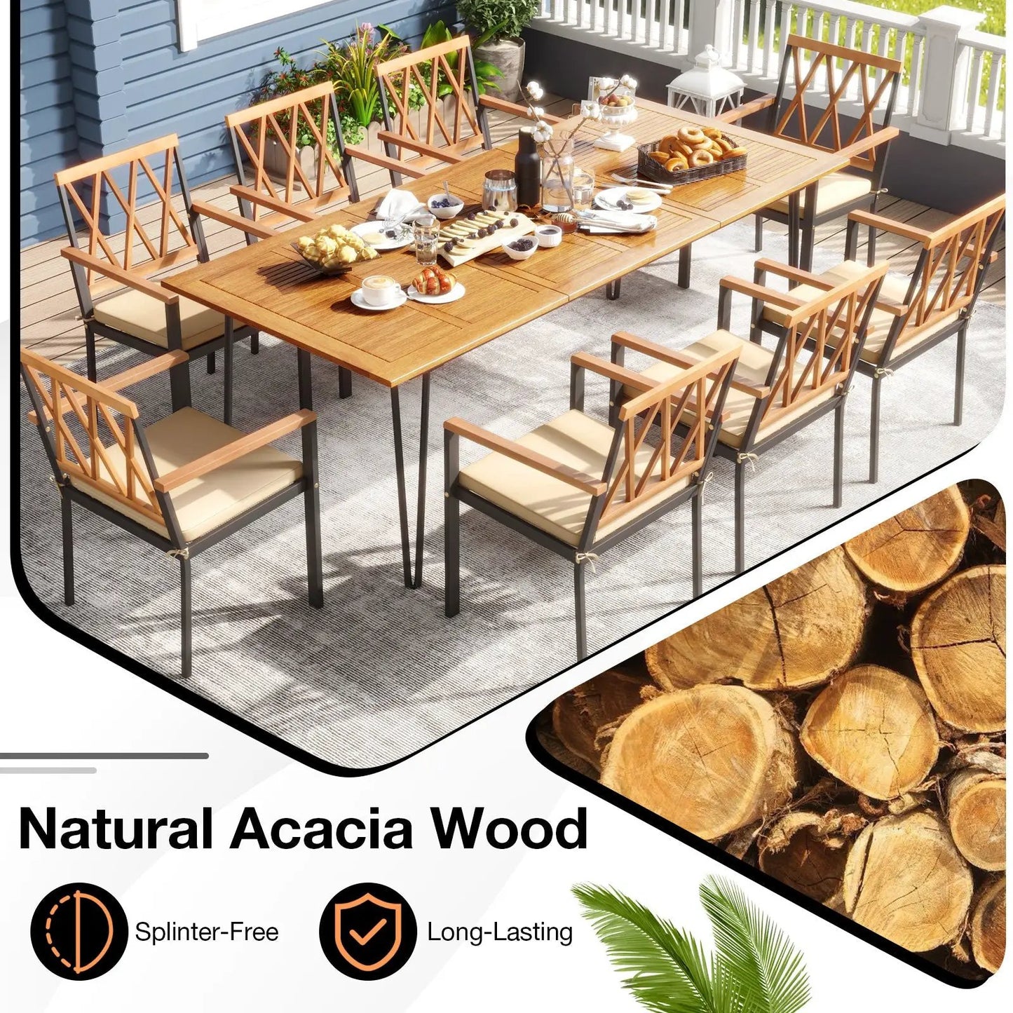 Acacia Wood Outdoor Furniture Set 9 Pieces Patio Dining Set with 8 Chairs - Tampa Home & Garden Store