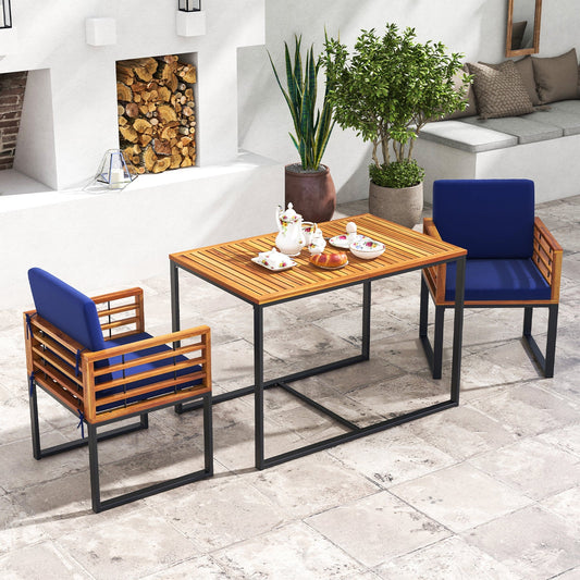 Acacia Wood Outdoor Dining Chairs Set of 2 with Soft Cushions-Navy - Tampa Home & Garden Store
