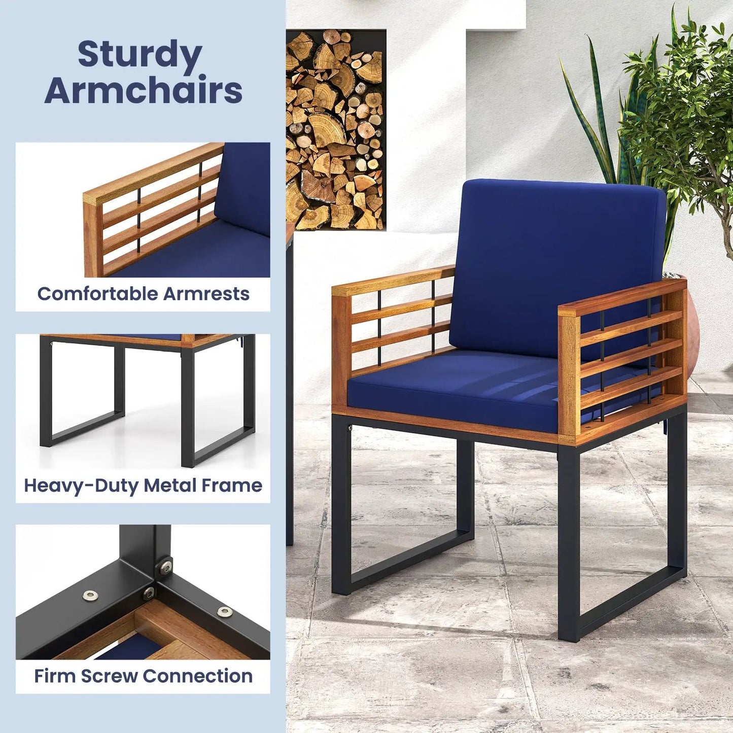 Acacia Wood Outdoor Dining Chairs Navy Cushions, DirectDeals on Tampa Home & Garden Store