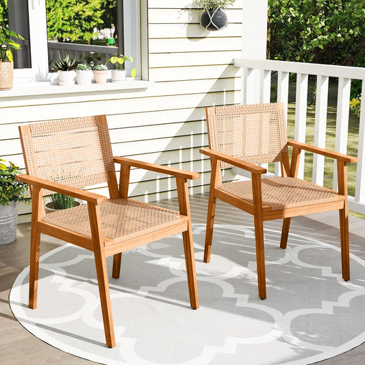 Acacia Wood Outdoor Dining Chairs Set of 2 PE Rattan Patio Chairs with Backrests and Armrests - Tampa Home & Garden Store