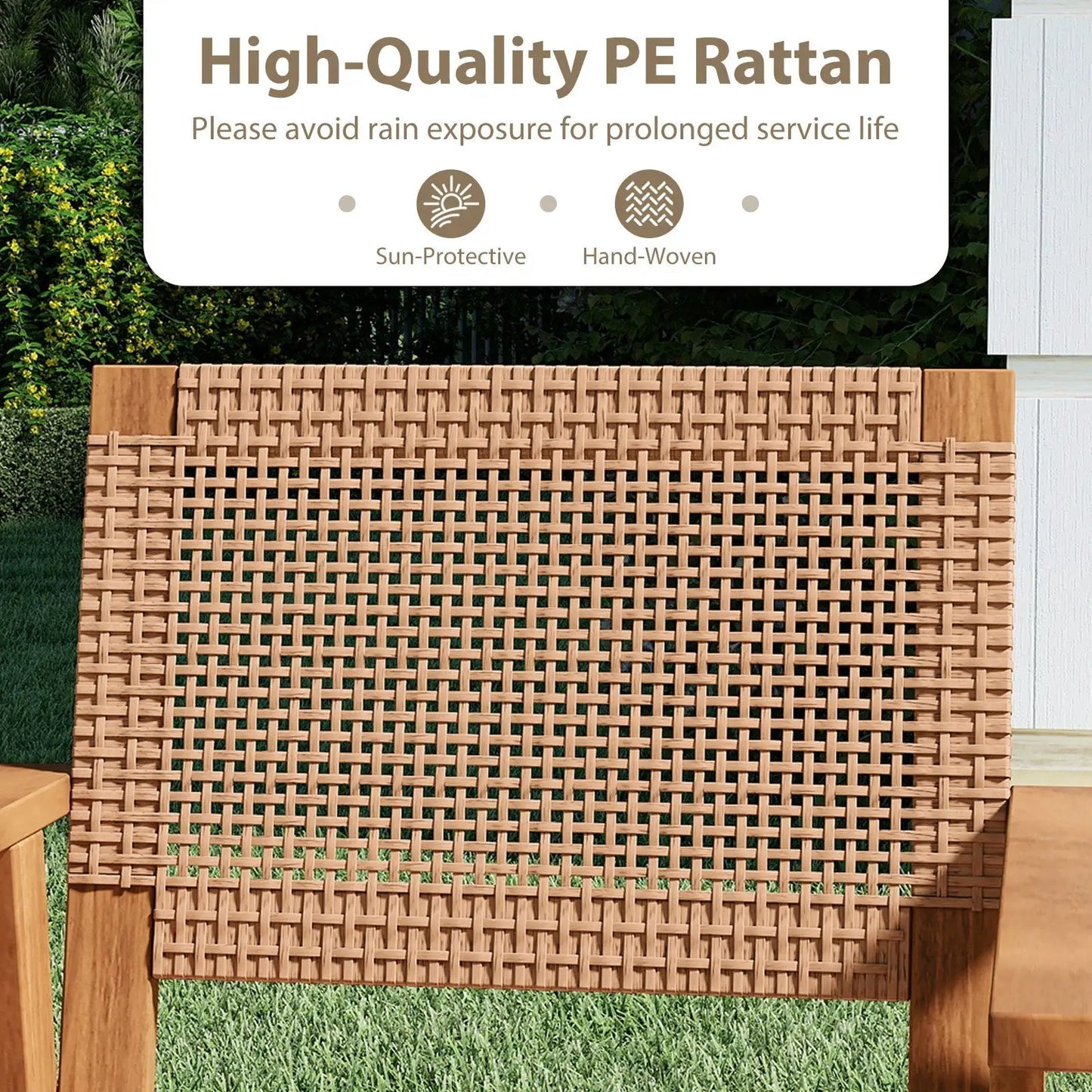DirectDeals Acacia wood outdoor dining chairs set of 2 with tan PE rattan weave on Tampa Home & Garden Store