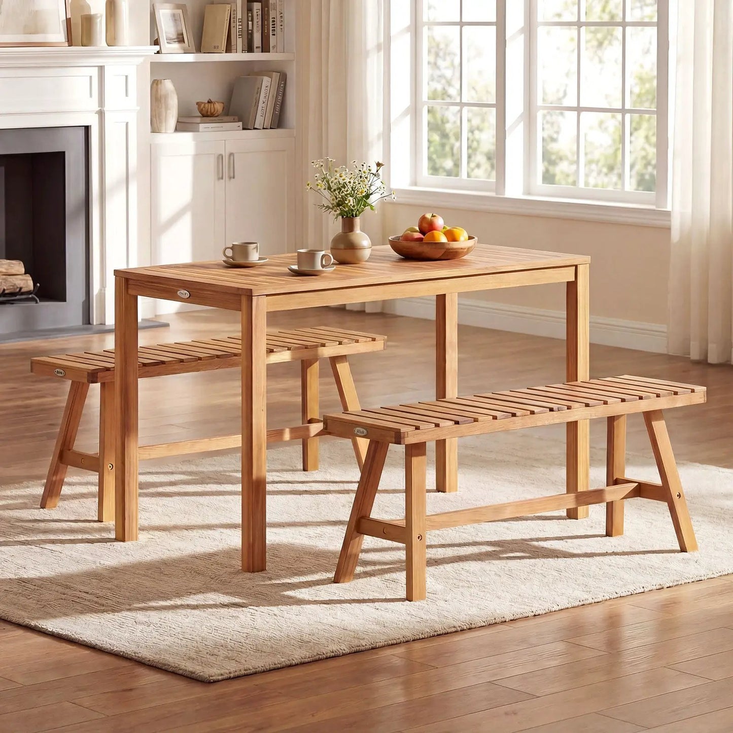 Acacia Wood Outdoor Garden Bench for Two with Slatted Seats in Natural Finish on Tampa Home & Garden Store