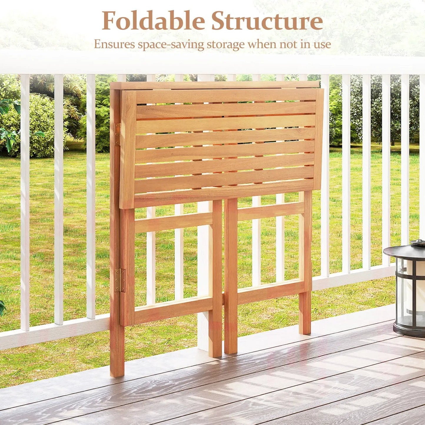 Acacia wood outdoor bar table with slatted top foldable design for balcony or patio on Tampa Home & Garden Store