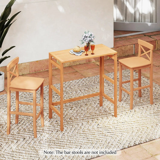 Acacia wood outdoor bar table with slatted top flanked by two peach bar stools on a patio on Tampa Home & Garden Store