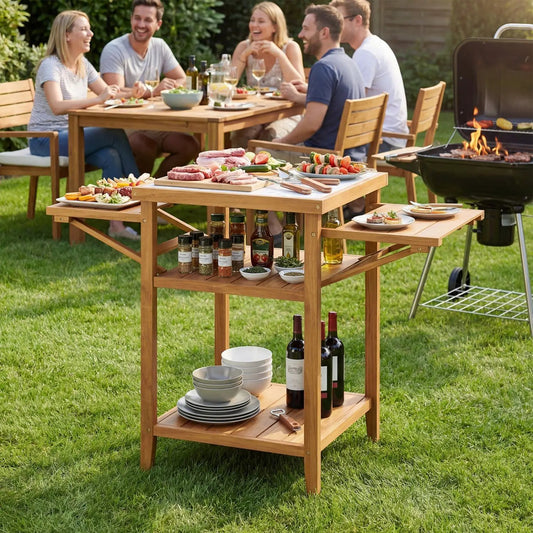 Acacia wood outdoor grill table by DirectDeals with faux marble top and lower shelf for bottles on Tampa Home & Garden Store