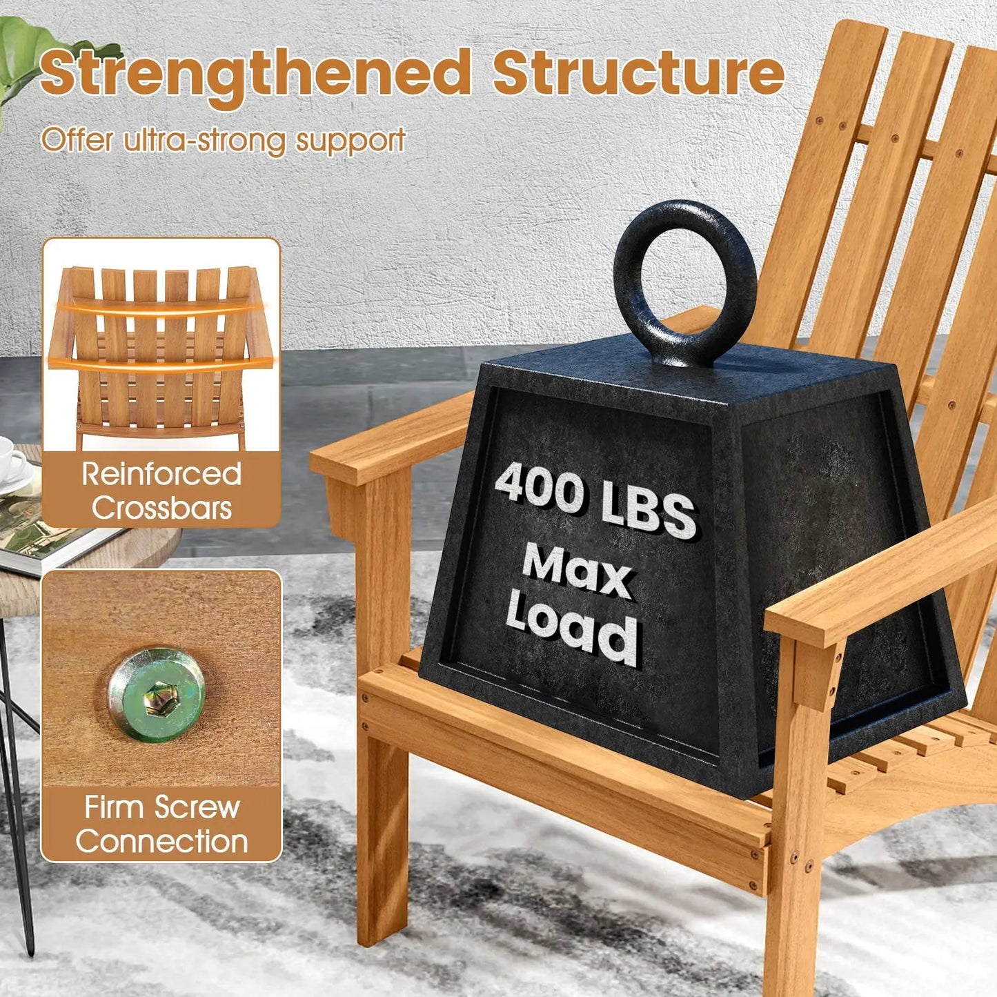 Acacia wood Adirondack chair with inclined seat in natural finish on Tampa Home & Garden Store