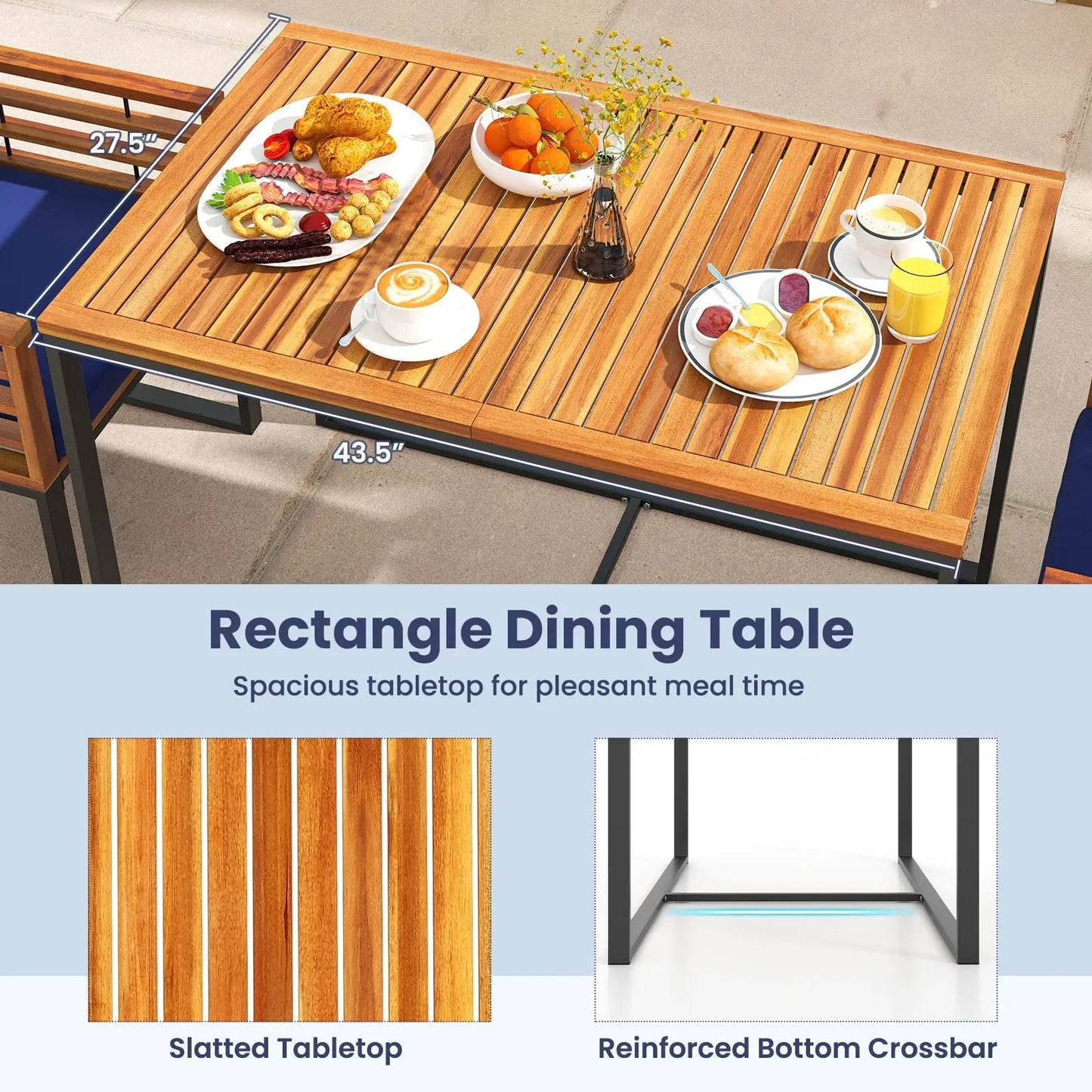 Acacia wood dining table with navy metal frame, slatted top on Tampa Home & Garden Store