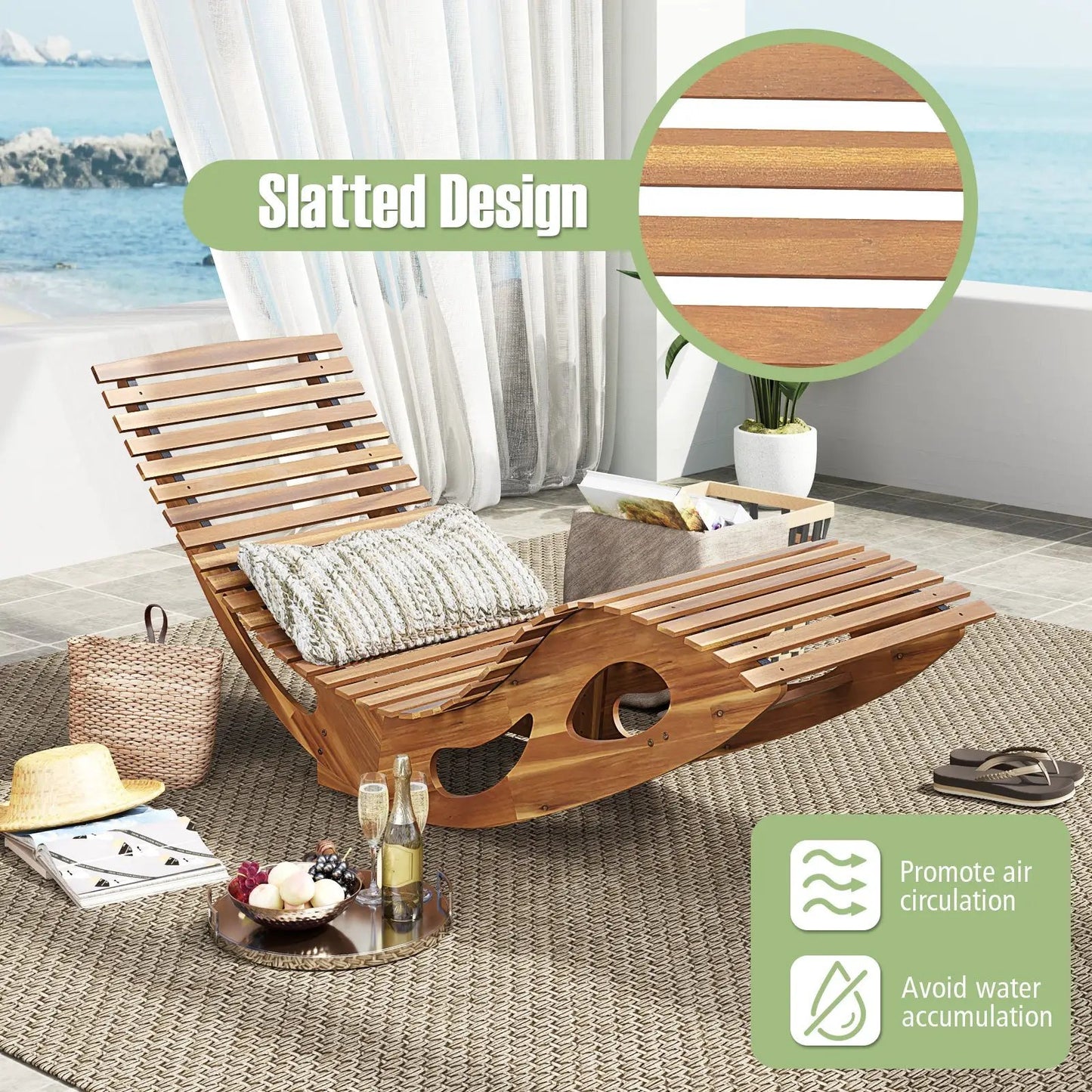 Acacia Wood Patio Rocking Sun Lounger Chaise Lounge with Ergonomic Curved Seat - Tampa Home & Garden Store