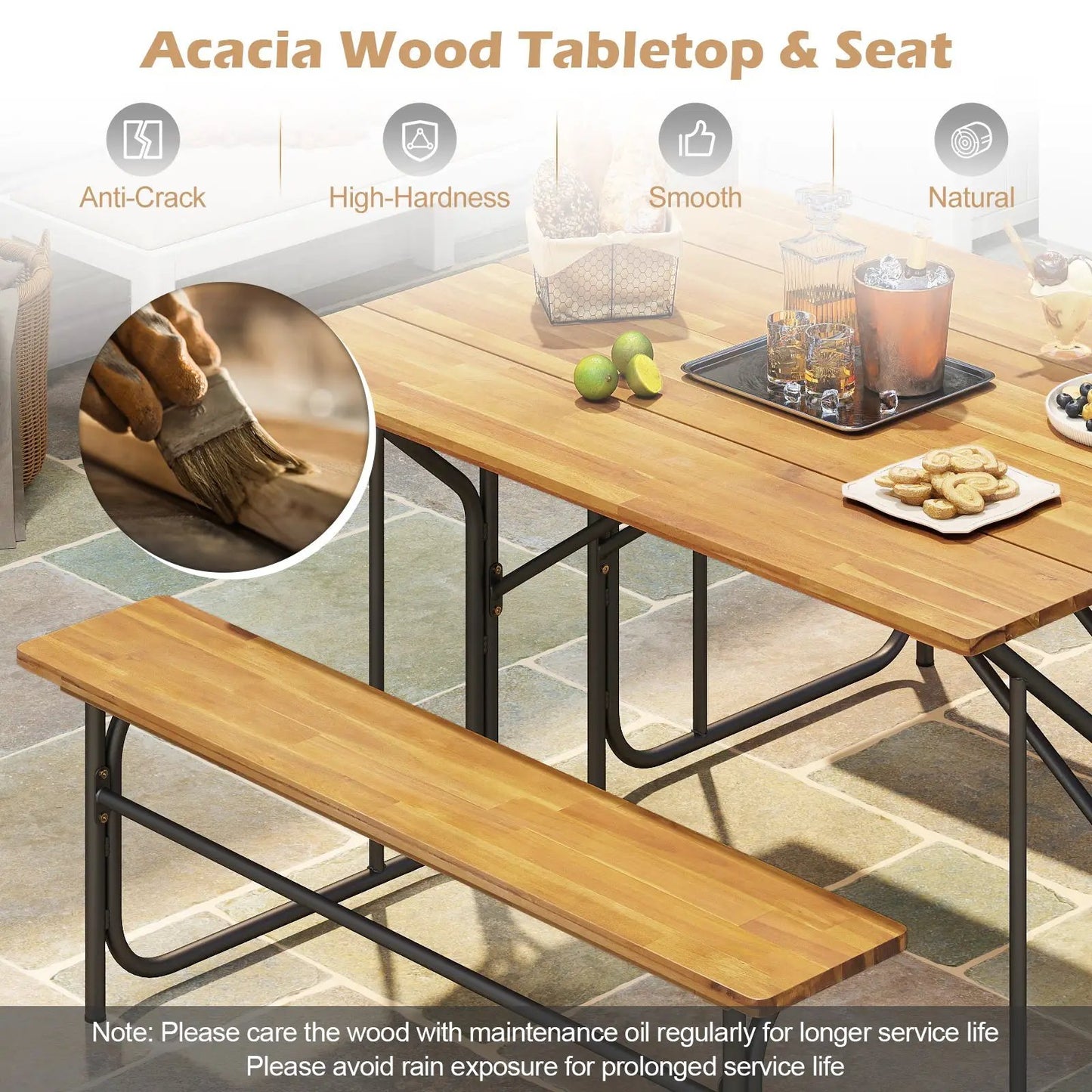 Acacia Wood Patio Table Bench for Two People, natural finish, DirectDeals on Tampa Home & Garden Store