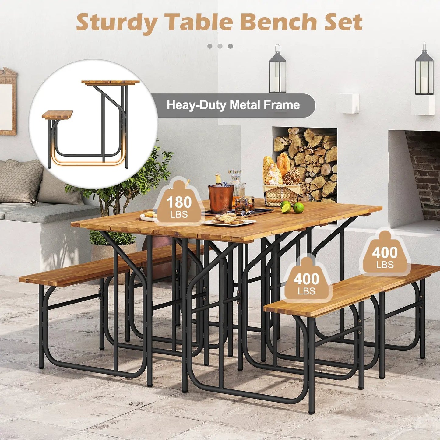 Acacia wood one-side picnic table with heavy-duty black metal frame and benches on Tampa Home & Garden Store