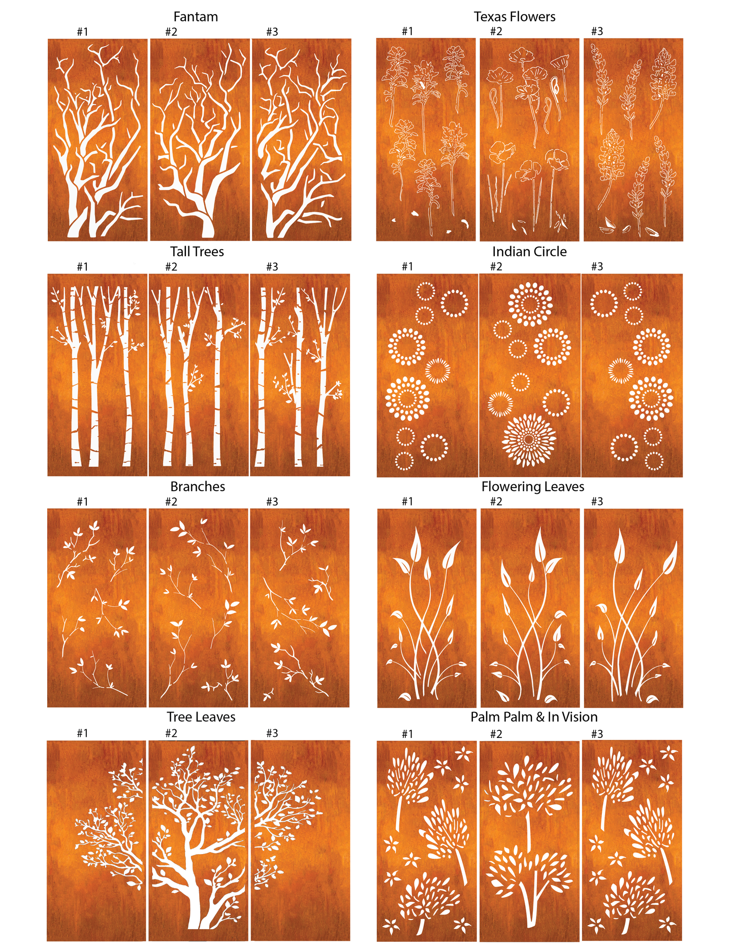 Metal privacy screen panel rust-colored wattle twig design by Rustica Ornamentals with trees on Tampa Home & Garden Store