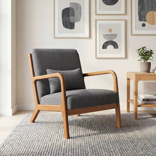 Corduroy Accent Chair with Lumbar Pillow gray fabric natural wood frame DirectDeals on Tampa Home & Garden Store
