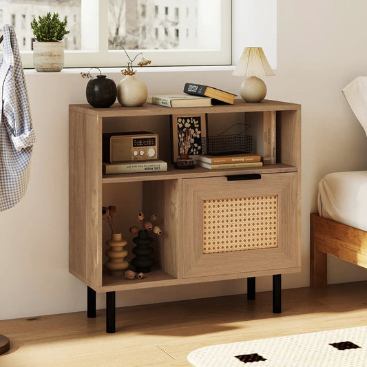 Accent End Table with Storage Shelf and Cabinet in light oak with black metal legs; top decor includes two vases and a lamp on Tampa Home & Garden Store