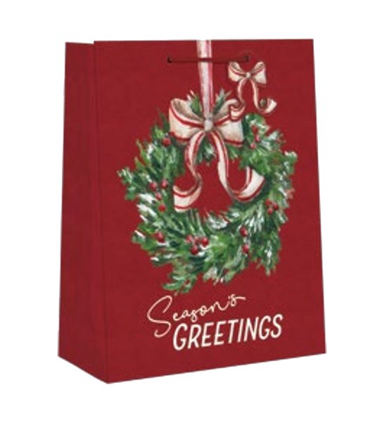 Accented Gift Bag with Glitter Accents red bag with wreath and bow Country Christmas Loft on Tampa Home & Garden Store