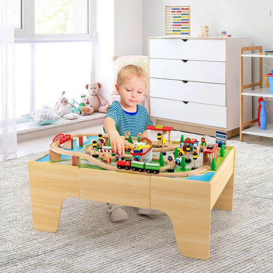 84-Piece Wooden Train Set with Reversible Tabletop and colorful tracks on a light wood table on Tampa Home & Garden Store