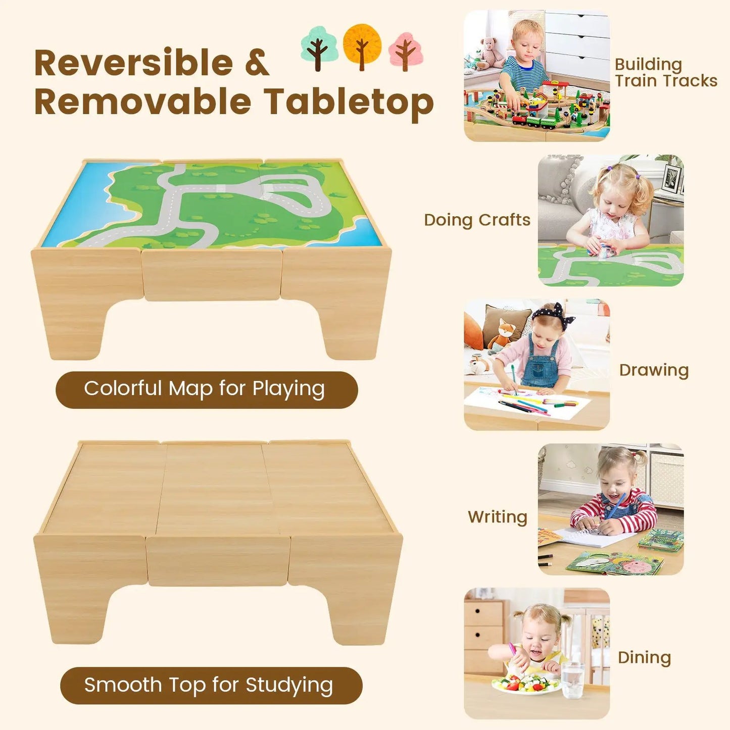 Wooden train table with 84-piece set and reversible tabletop, colorful map for playing on Tampa Home & Garden Store
