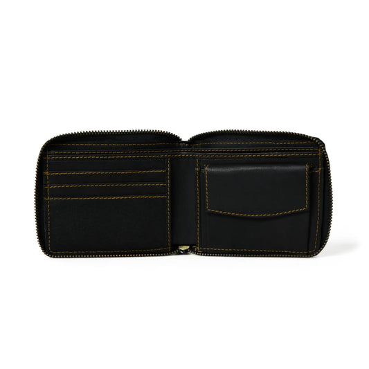 Adams Mens Bi Fold Wallet black buffalo leather with yellow contrast stitching and card slots on Tampa Home & Garden Store
